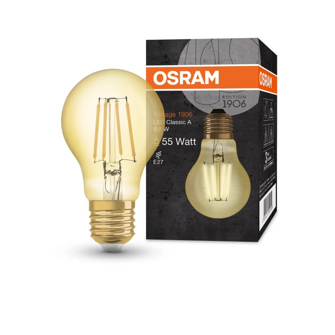 Bec LED Osram Vintage 1906 CLAS A, E27, 6.5W (50W), 650 lm, lumina calda (2400K), cu filament