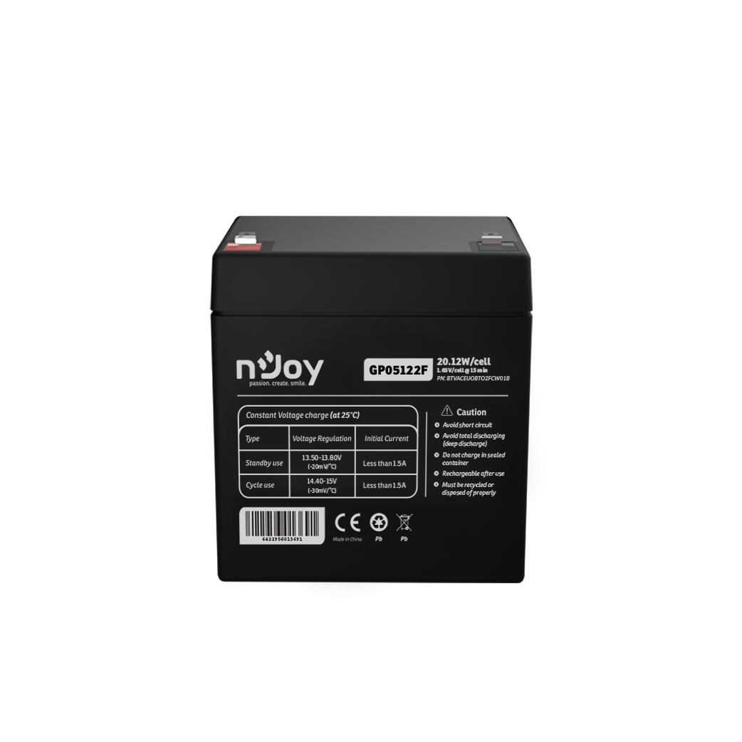Acumulator nJoy GP05122F  12V 23.51W/cell  Battery Model GP07122F Voltage 12V Power (1,65V/cell@15 min) 23.51W/cell Type VRLA - maintanance free Designed Floating Life 3~5 years Nominal Operating Temp. Range 25o C ± 3o C Terminal F2 terminal -Faston Tab 250 Construction Container & Cover ABS Safety