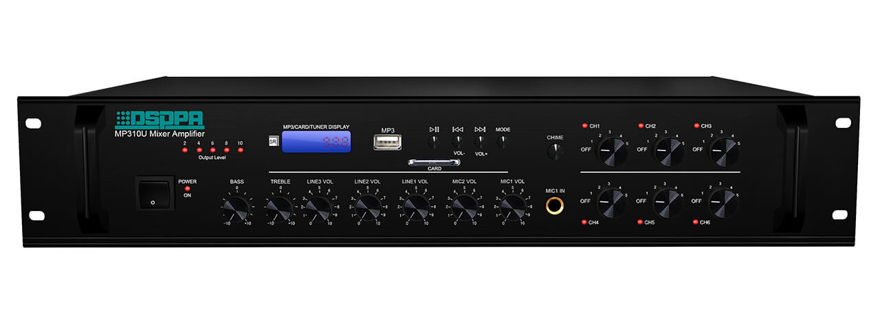 Amplificator 120W cu mixer DSPPA MP310U, 6 zone, USB/SD/Tuner/Bluetooth, 4Mic si 3AUX, 100V & 4-16 Ohmi