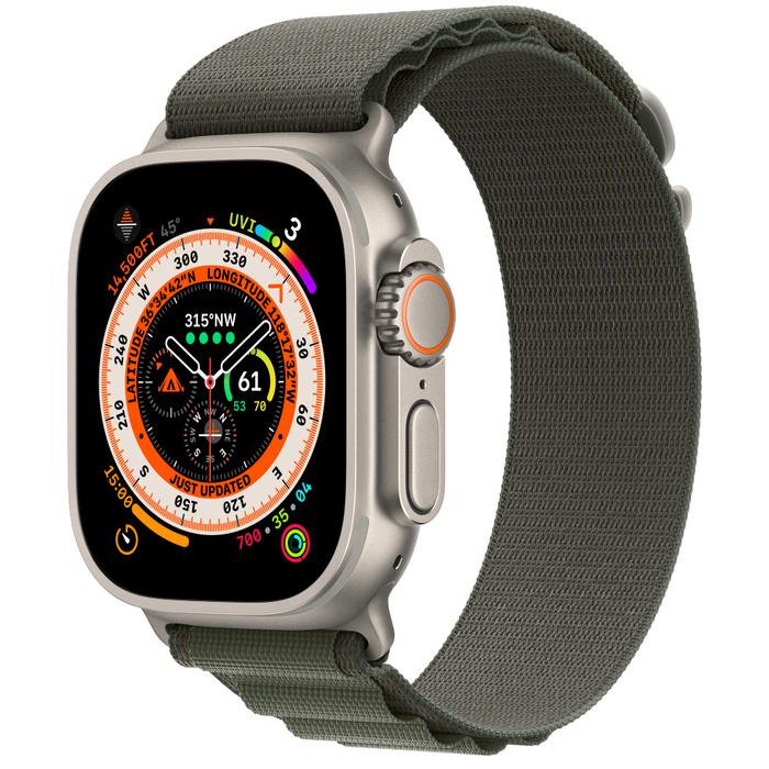 Apple Watch Ultra Cellular, 49mm Titanium Case with Green Alpine Loop Large