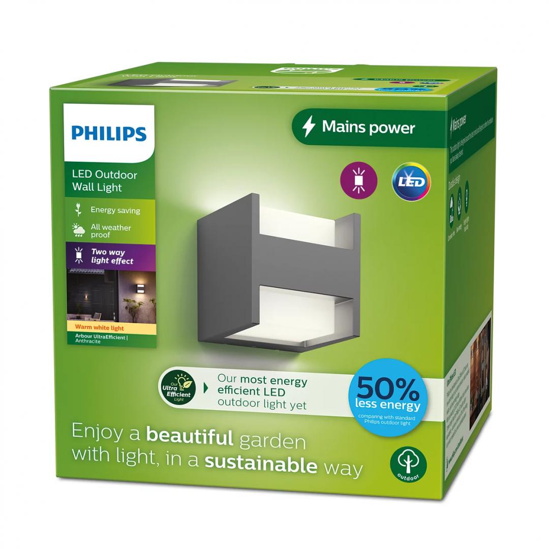 Aplica LED pentru exterior Philips ARBOUR UP&DOWN, 3.8W, 800 lm, lumina calda (2700K), IP44, 130x130x130mm, Antracit