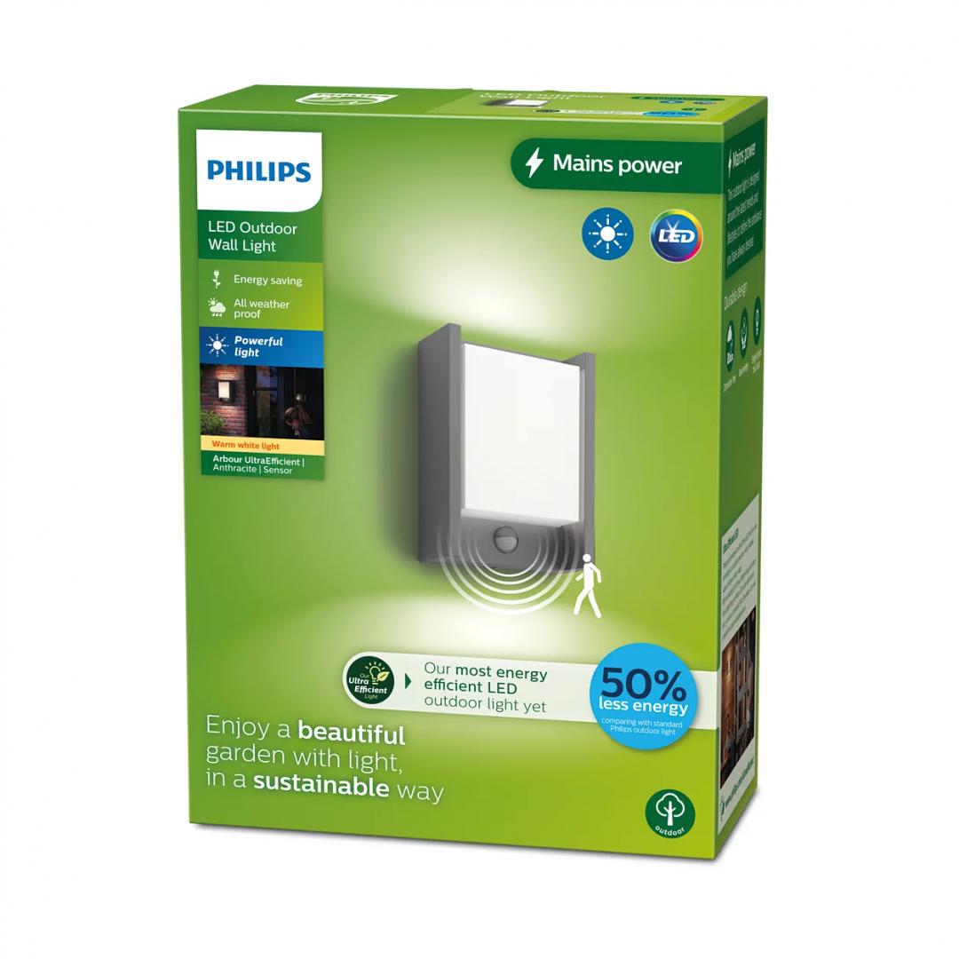 Aplica LED pentru exterior cu senzor de miscare Philips ARBOUR, 3.8W, 800 lm, lumina calda (2700K), IP44, 220x76x165mm, Antracit