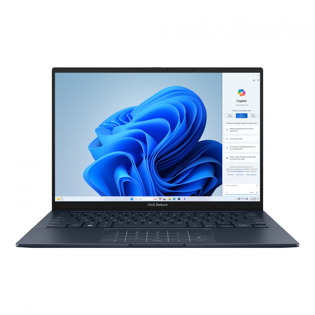 "Laptop ASUS ZenBook 14, UX3405MA-PP348X, 14.0-inch, 3K (2880 x 1800) OLED 16:10 aspect ratio, Intel® Core™ Ultra 7 Processor 155H 1.4 GHz (24MB Cache, up to 4.8 GHz, 16 cores, 22 Threads); Intel® AI Boost NPU, LPDDR5X 16GB, 1TB M.2 NVMe™ PCIe® 4.0 SSD, 120Hz refresh rate, 400nits, Glossy display