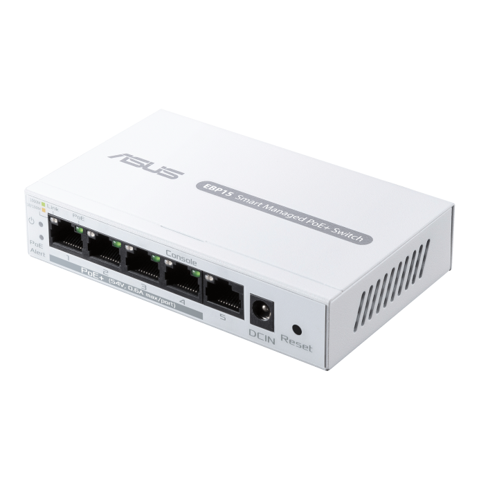 Asus EBP15 Switch 5 Porturi GBE, Smart managed, POE, Standarde retea: IEEE 802.1p, IEEE 802.1q, IEEE 802.3ab, IEEE 802.3af, IEEE 802.3at, IEEE 802.3i, IEEE 802.3u, IEEE 802.3x, IPv4, Interfata 5 x 10/100/1000Mbps, Buget POE: 60w, Securitate: SSL/TLS.