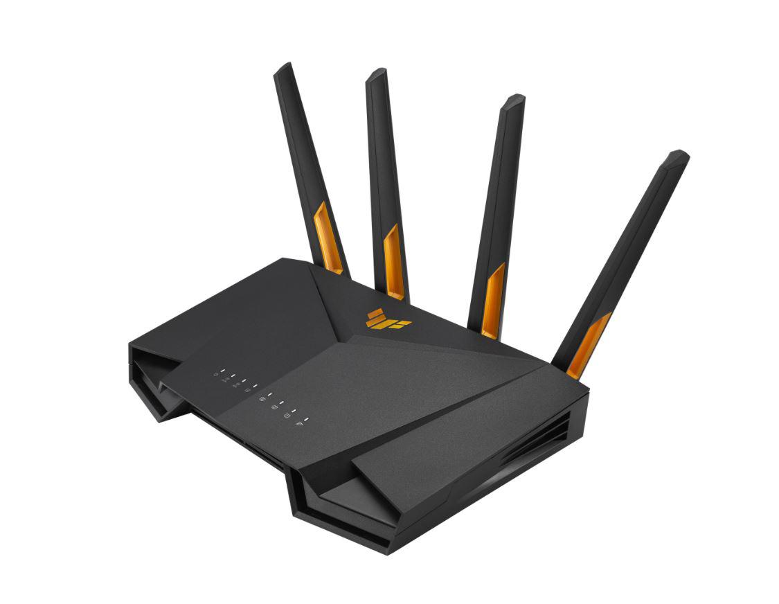 ASUS TUF Gaming AX3000 Dual Band WiFi 6 Gaming Router, TUF-AX3000, Network Standard: IEEE 802.11a, IEEE 802.11b, IEEE 802.11g, WiFi 4 (802.11n), WiFi 5 (802.11ac), WiFi 6 (802.11ax), IPv4, IPv6, Data rate: (2.4GHz) : up to 574 Mbps, (5GHz) : up to 2402 Mbps, 4 x antene externe, Procesor: 1.5 GHz