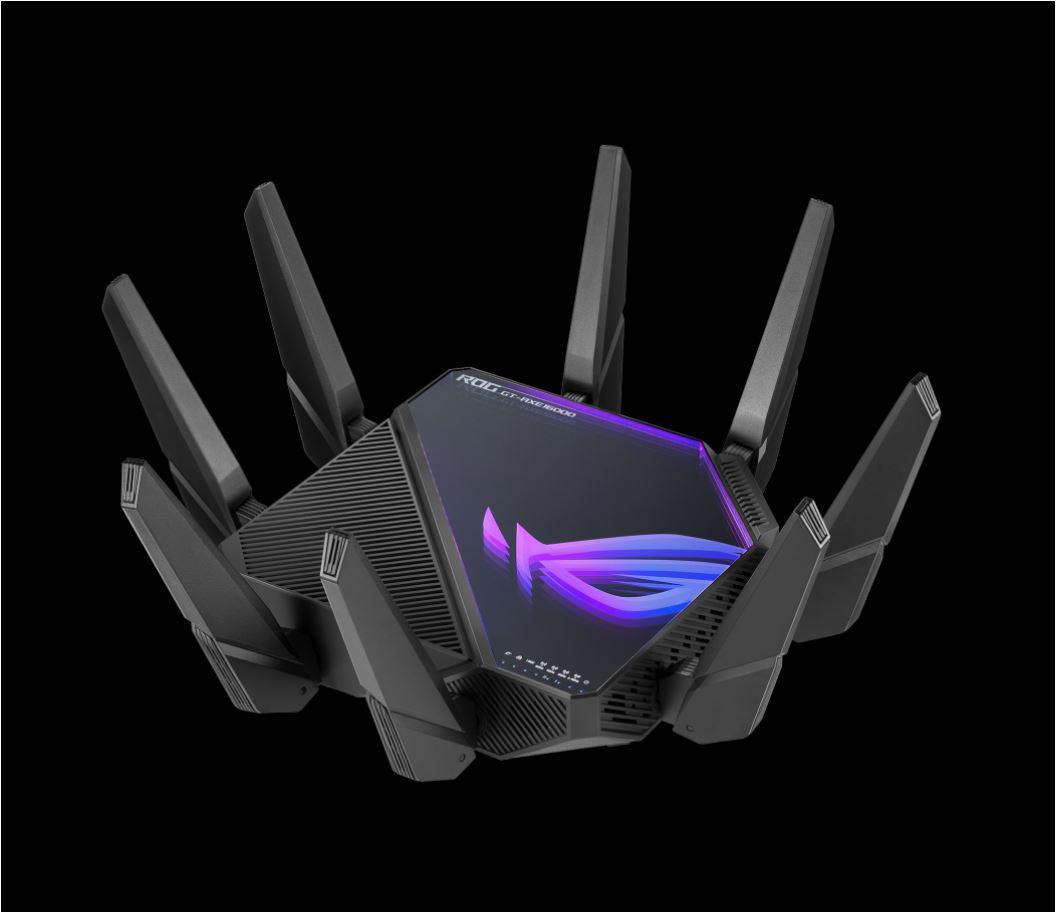 Asus Quad-band WiFi Gaming Router GT-AXE16000; Network Standard: WiFi 6 (802.11ax), WiFi 6E (802.11ax), Backwards compatible with 802.11a/b/g/n/ac Wi-Fi, 2.4GHz 1148Mbps, 5G-1Hz 4804Mbps, 5G-2Hz 4804Mbps, 6GHz 4804Mbps, 8 antene externe, 4 antene interne, Procesor: 2.0Ghz, 256Mb flash, 2Gb RAM