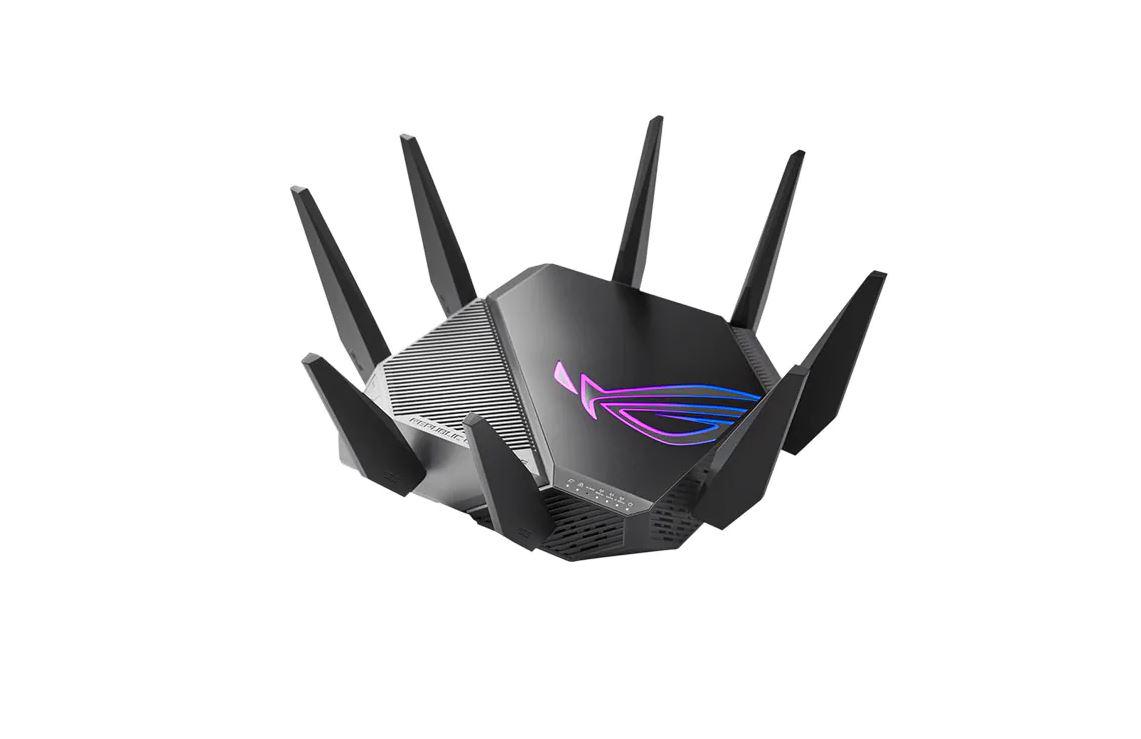 ASUS ROG RAPTURE GT-AXE11000 WI-FI 6 Gaming Router, Wi-Fi 6E (802.11ax), Wi-Fi 6 (802.11ax), 2.4GHz 1148Mbps, 5GHz 4804Mbps, 6GHz 4804Mbps, 8 x antene externe, 1.8GHz quad-core processor, Memorie: 256MB NAND flash and 1GB DDR3 SDRAM, interfata RJ45 for Gigabits BaseT for WAN x 1, RJ45 for Gigabits
