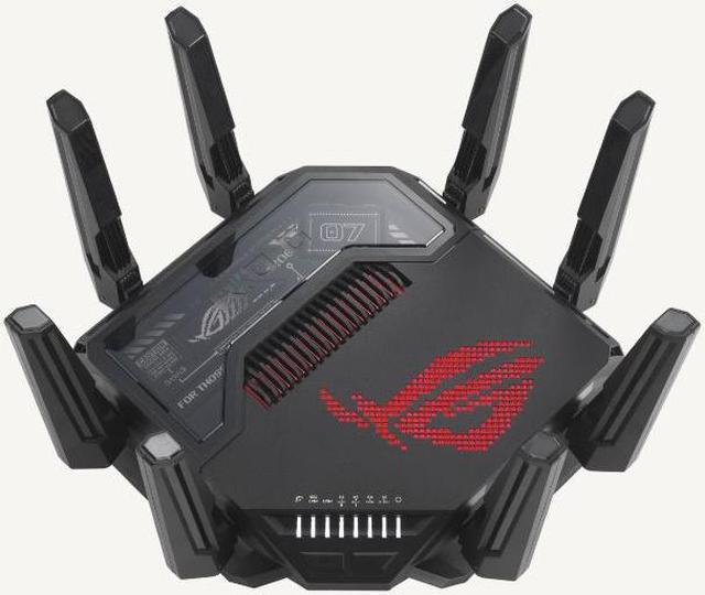 Router Asus Quad-Band ROG Rapture GT-BE98, WIFI-7, Standarde wireless: WiFi 6 (802.11ax), WiFi 7 (802.11be), IEEE 802.11a, IEEE 802.11b, IEEE 802.11g, IEEE 802.11n, IEEE 802.11ac, IPv4, IPv6, Segment Produs: BE25000, Viteza wireless: 1376+5764+5764+11529 Mbps, 8 x antene externe, Procesor: 2.6GHz