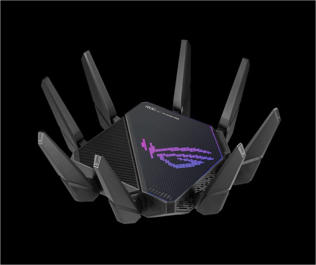 Asus Tri-band WiFi Gaming Router AX11000 PRO, GT-AX11000 PRO; Network Standard: IEEE 802.11ax, IPv4, IPv6, segment AX11000 ultimate AX performance, 2.4GHz 1148Mbps, 5G-1Hz 4804Mbps, 5G-2Hz 4804Mbps, 8 x antene detasabile, processor 2.0 Ghz, 256MB NAND flash, 1GB DDR4 RAM, Tri-band Wi-Fi: 2.4 GHz / 5