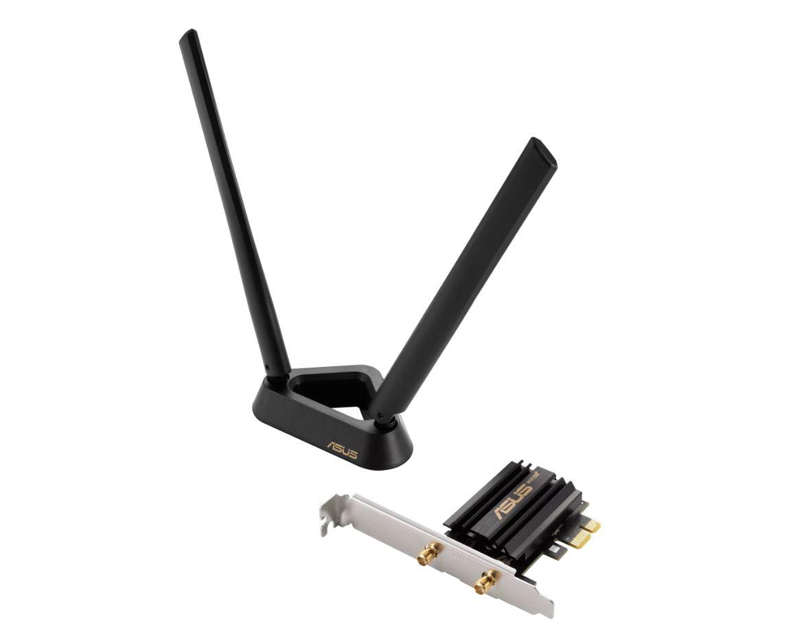 ASUS PCE-AXE59BT Wifi si Bluetooth 5.2 PCIe adapter, WI-FI 6, 2.4GHz / 5GHz / 6GHz, greutate: 78.4G, 2 x Antene externe, PCI-Express x 1.