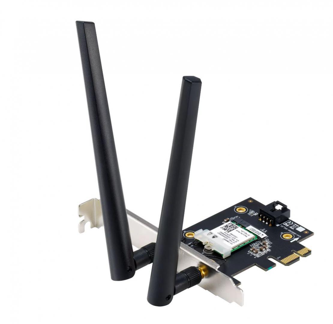 ASUS PCE-AXE5400 Wifi  Bluetooth 5.2 PCIe adapter, WI-FI 6, 2.4GHz / 5GHz / 6GHz, greutate: 49.7G, 2 x Antene externe, PCI-Express x 1.