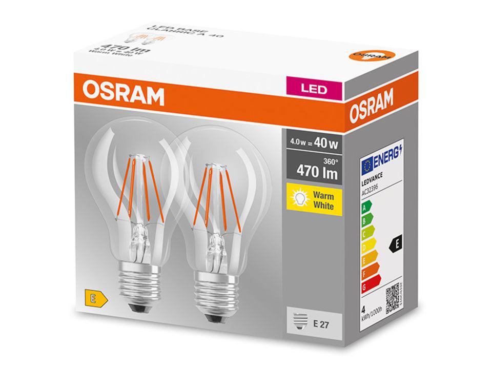 2 Becuri LED Osram Base Classic A, E27, 4W (40W), 470 lm, lumina calda(2700K), cu filament
