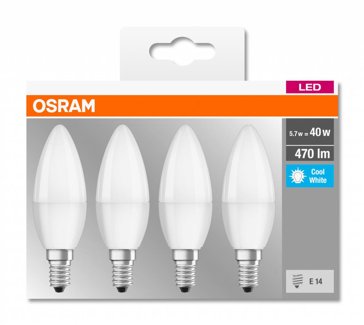 4 Becuri LED Osram Base Classic B, E14, 4.9W (40W), 470 lm, lumina neutra (4000K)