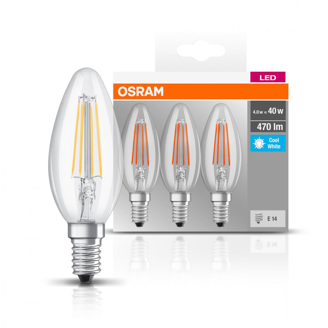 3 Becuri LED Osram Base Classic B, E14, 4W (40W), 470 lm, lumina neutra (4000K), cu filament