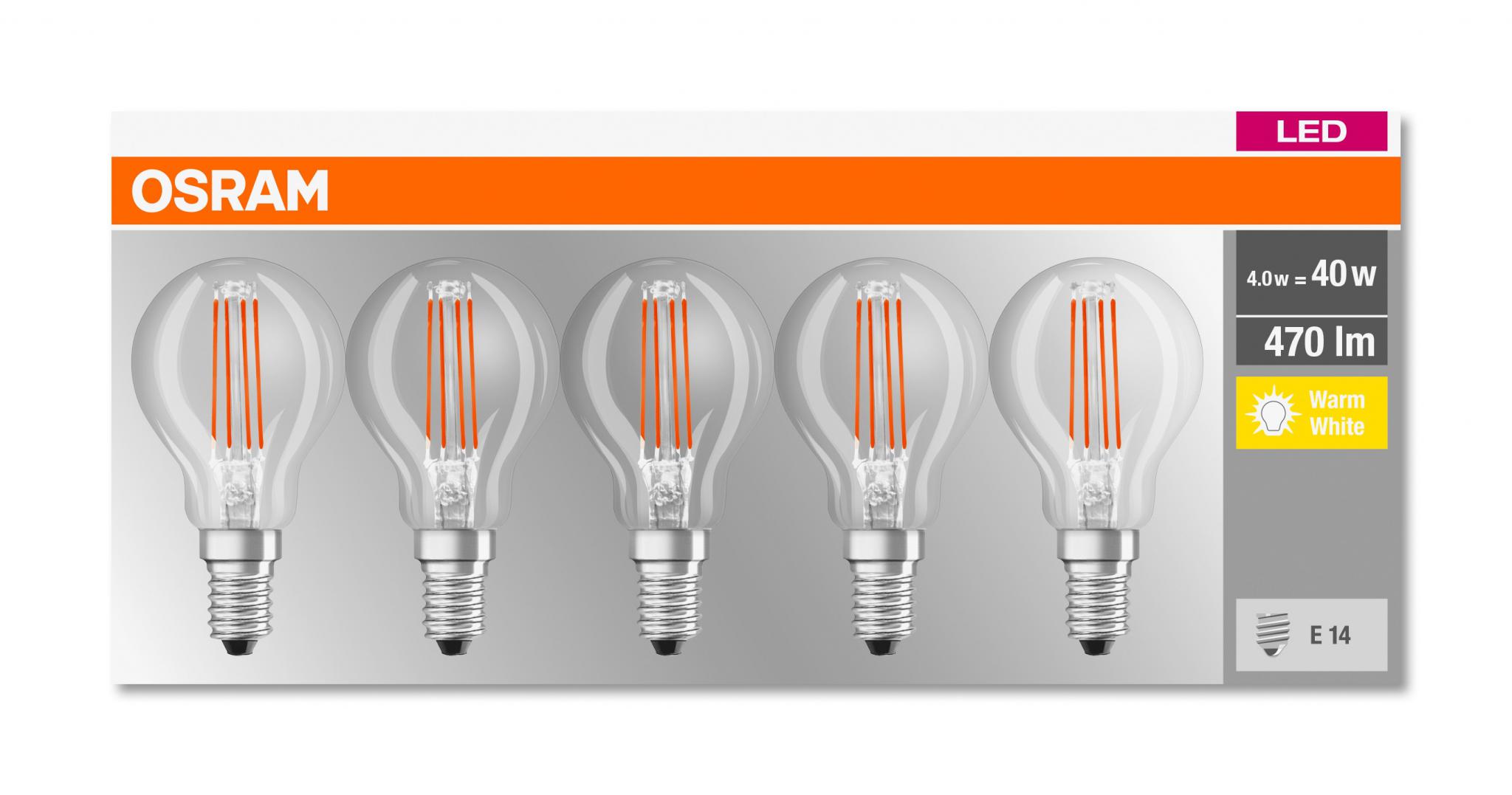 5 Becuri LED Osram Base Classic P, E14, 4W (40W), 470 lm, lumina calda (2700K), cu filament