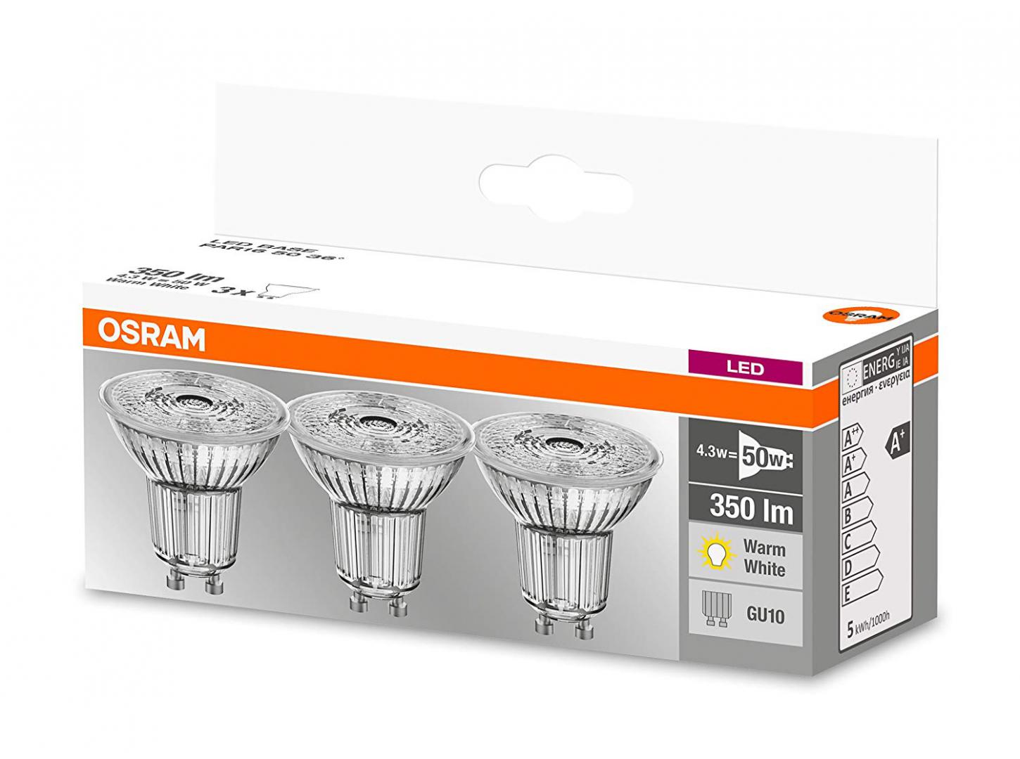 3 Becuri LED Osram Base PAR16 36°, GU10, 4.3W (50W), 350 lm, lumina calda (2700K)