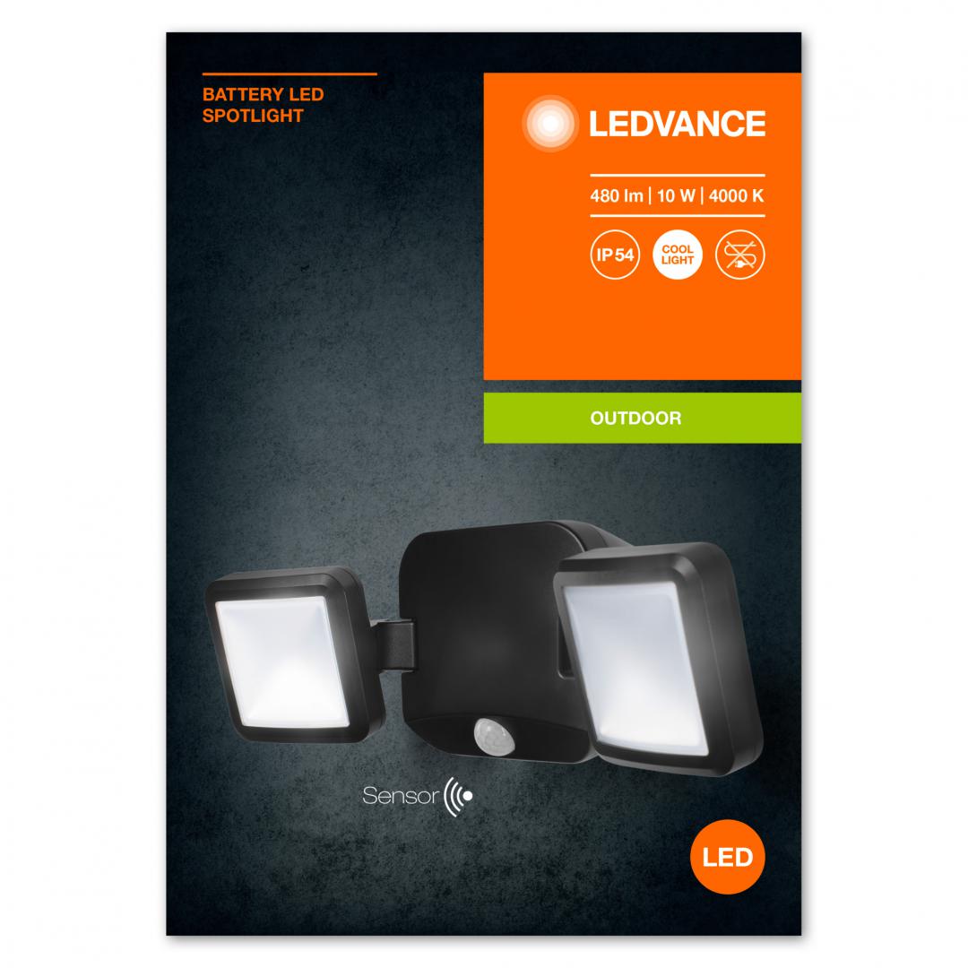 Aplica LED pentru exterior pe baterii 4x D neincluse, cu senzordemiscare si lumina Ledvance BATTERY DOUBLE SPOTLIGHT, 10W, 6V, 480 lm,lumina neutra (4000K), IP54, 332x112x105mm, Negru