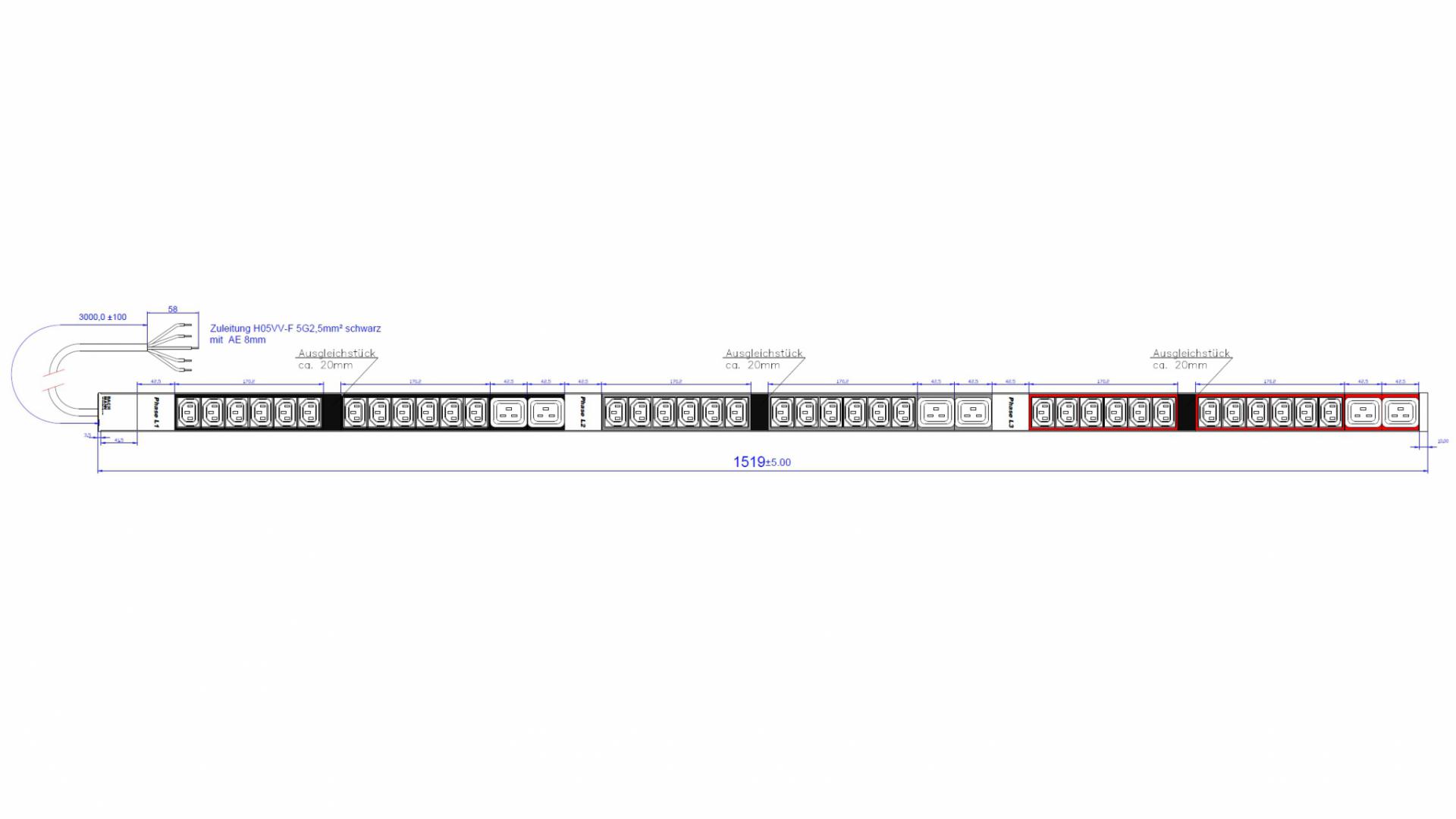 Bachmann IT PDU 1HE 36xIEC C13 ,6xIEC19 ,3xfaze, cordon 3,0m, Aluminiu