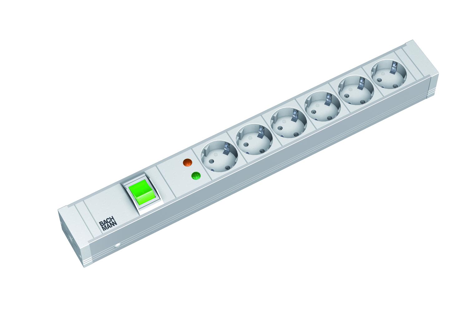 Bachmann IT PDU 6 x prize Schuko, 1.5U, impamantare, cu intrerupator, 2 metri, alb ,Aluminiu