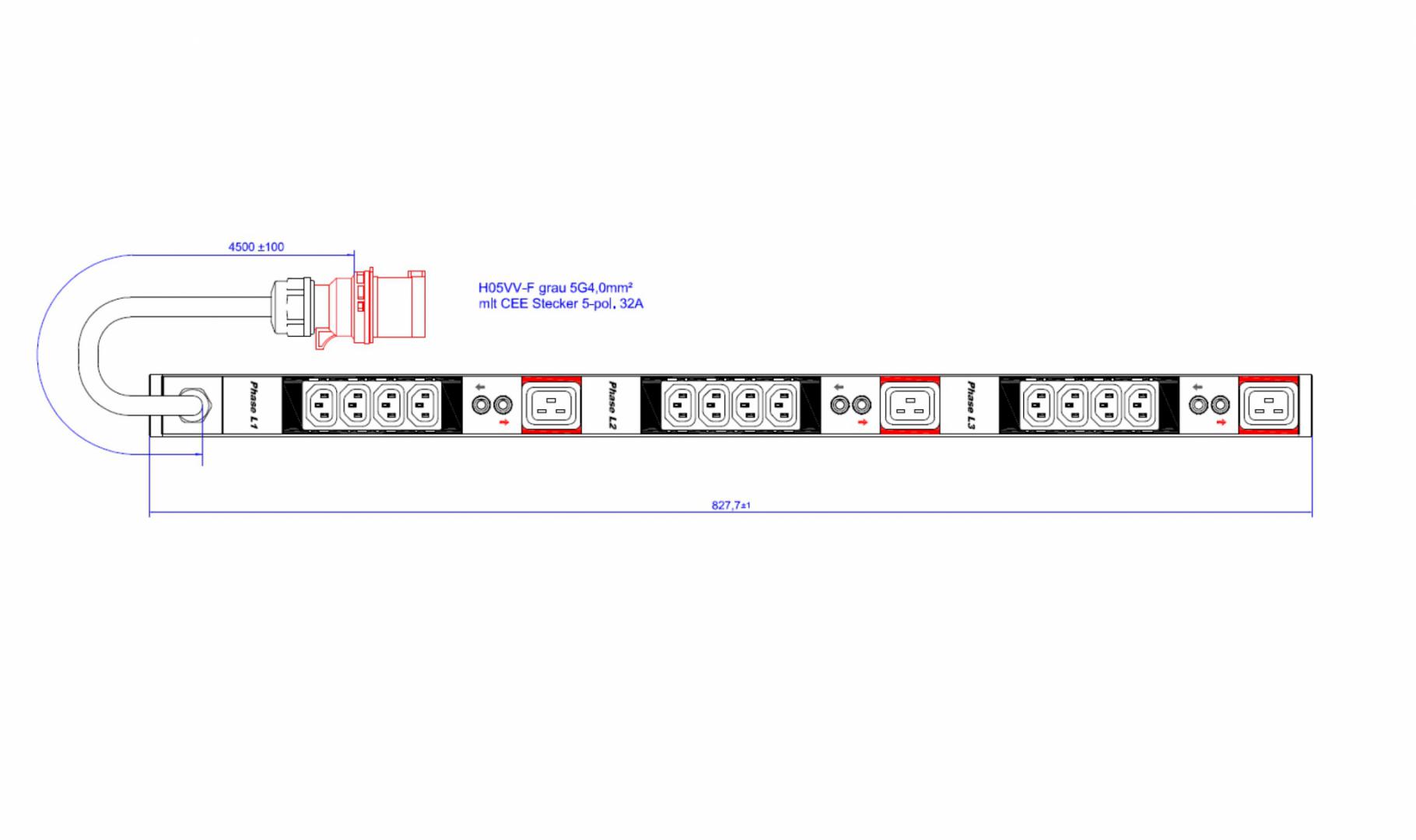 Bachmann prelungitor ALU 1HE 12xIEC C13 3xC19 2xETA cordon 4,5m CEE 32A (3 faze);