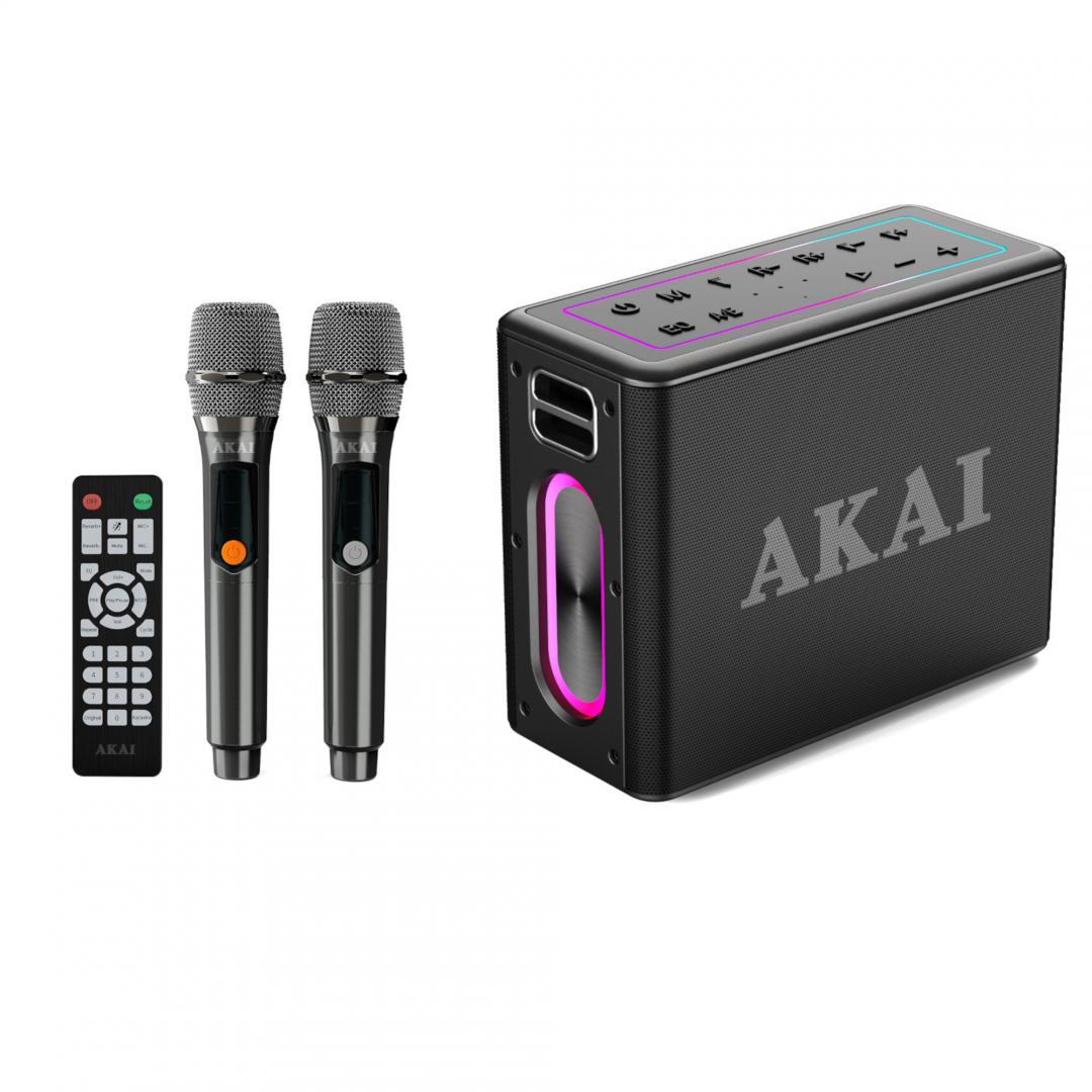 Boxa portabila Akai cu 2 micfrofoane wireless-IPX6-80W, bluetooth 5.3, puterea de emisie a canalului Bluetooth 2dBm, tensiune baterie 11.1V, 4000 mAh, tip baterie litiu ion, putere RMS 80W, cu intrare AUX, intrare chitară/microfon, frecvența microfonului fără fir 70Hz~13KHz, slot pentru microfon cu