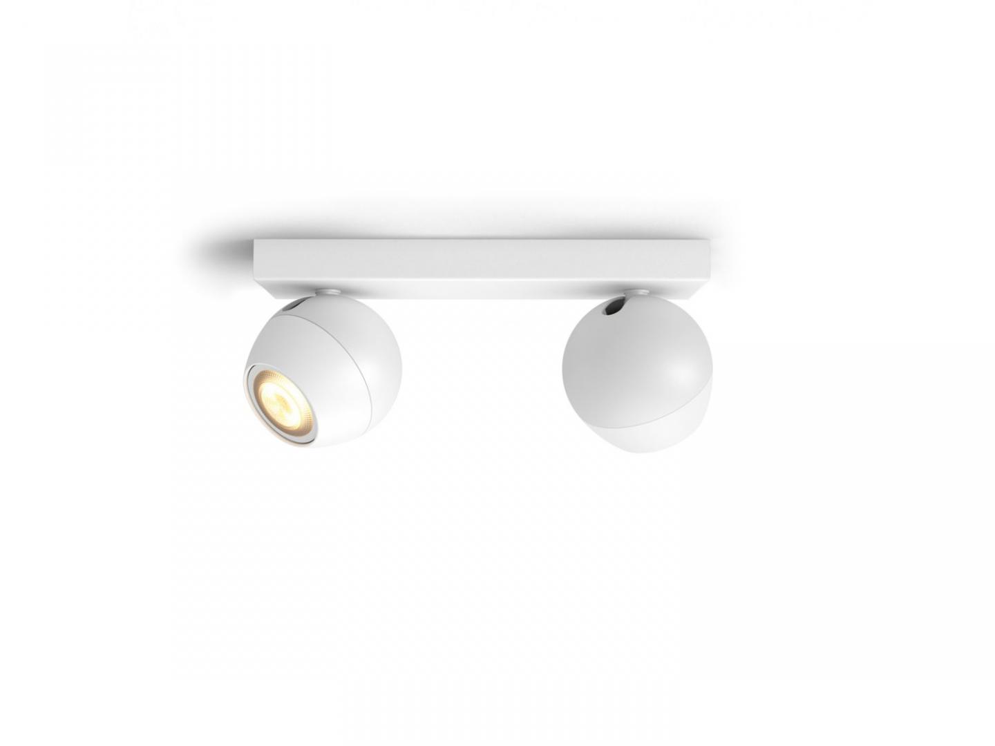 Spot LED Dublu Philips Hue Buckram, Bluetooth, 2xGU10, 2x5W, 700 lm ,lumina alba (2200-6500K), IP20, 25.2x8.2cm, Metal, Alb, Intrerupator cuvariator inclus