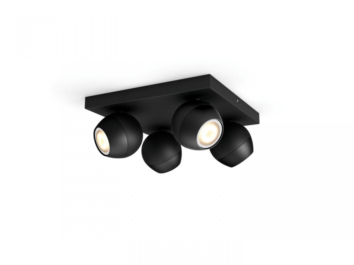 Spot LED Cvadruplu Philips Hue Buckram, Bluetooth, 4xGU10, 4x5W, 1400lm ,lumina alba (2200-6500K), IP20, 24x24x10.3cm, Metal, Negru,Intrerupatorcu variator inclus