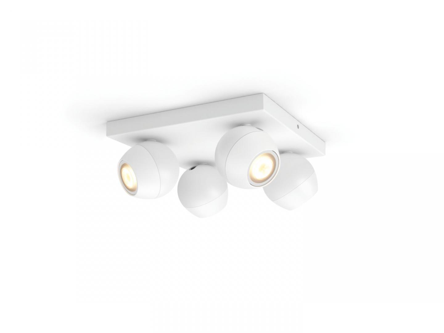 Spot LED Cvadruplu Philips Hue Buckram, Bluetooth, 4xGU10, 4x5W, 1400 lm, lumina alba (2200-6500K), IP20, 24x24x10.3cm, Metal, Alb, Intrerupator cu variator inclus