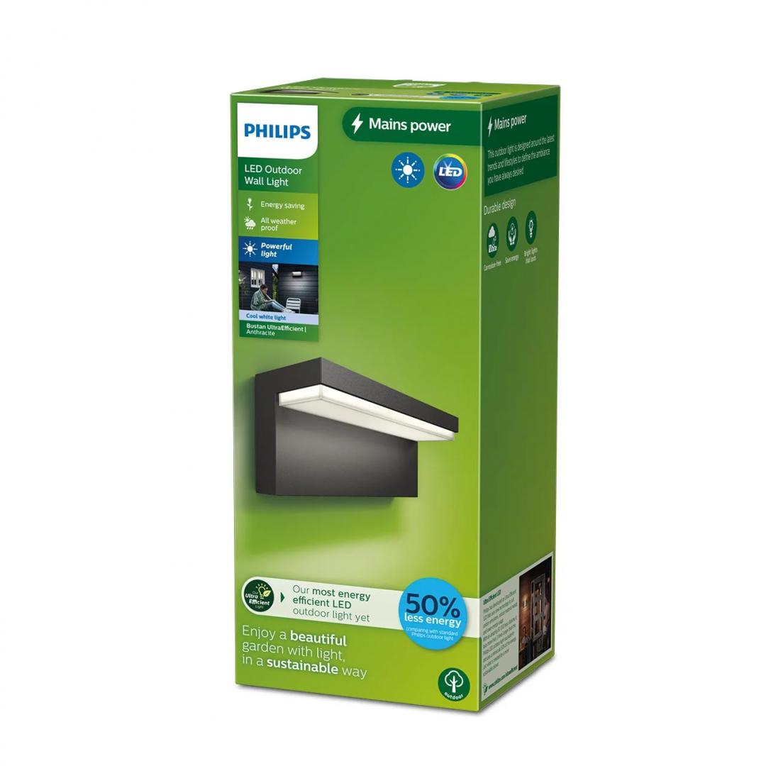 Aplica LED pentru exterior Philips BUSTAN, 3.8W, 800 lm, lumina neutra (4000K), IP44, 92x220x78mm, Antracit