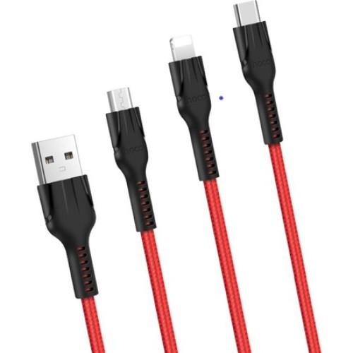 Cablu Date si Incarcare USB la Lightning / USB Type-C / MicroUSB HOCO U31 Benay 1Pull3, 1.2 m, Rosu