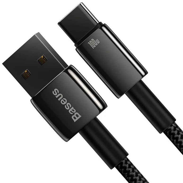 Cablu alimentare si date Baseus, Fast Charging Data Cable pt. smartphone, USB la USB Type-C (T), 100W, 480Mbps, aliaj zinc, braided(nylon), 2m, negru