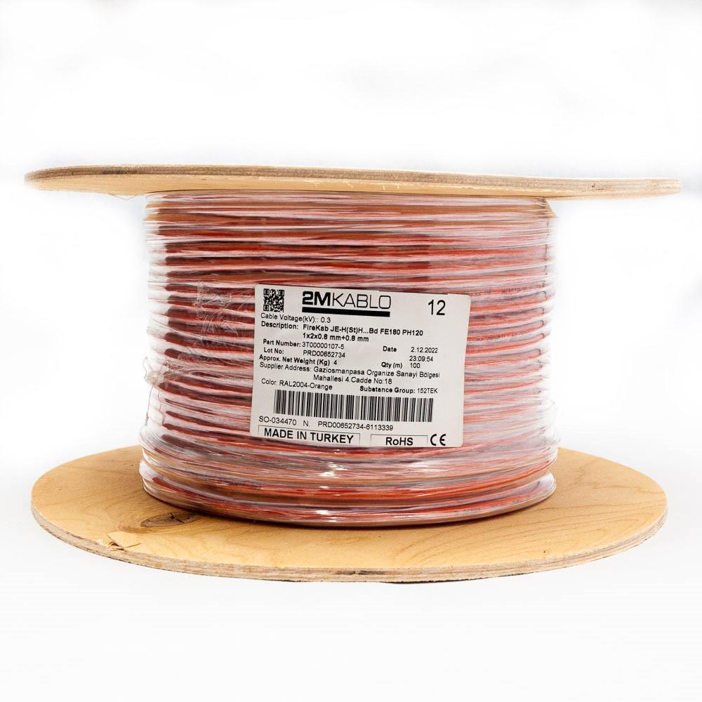 "Cablu incendiu JEH(St)H...Bd FE180 PH120 1x2x0.8 mm+0.8 mm , rezistenta la foc 120 minute, compatibilitate E30/E90producator 2M Kablo, cod: 3T00000107-100Diametru fir: 0.8mmConductor: perechi torsadate cu protectie din fibra de sticla, cupru 100%Culori fire: conform -VDE0815Manta: Halogen