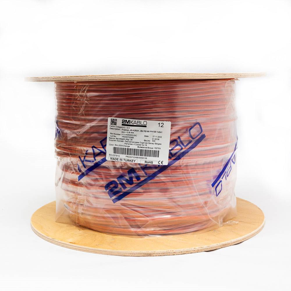 "Cablu incendiu JEH(St)H...Bd FE180 PH120 1x2x1 mm + 0.8 mm ,  rezistenta la foc 120 minute, compatibilitate E30/E90 producator 2M Kablo, 3T21A083002-04C-500Diametru fir: 1mmConductor: perechi torsadate cu protectie din fibra de sticla, cupru 100%Culori fire: conform -VDE0815Manta: Halogen