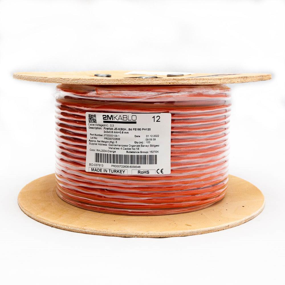 "Cablu incendiu JEH(St)H...Bd FE180 PH120 2x2x0.8 mm+0.8 ,  rezistenta la foc 120 minute, compatibilitate E30/E90producator 2M Kablo, 3T00000109-100Diametru fir: 0.8mmConductor: perechi torsadate cu protectie din fibra de sticla, cupru 100%Culori fire: conform -VDE0815Manta: Halogen free, si