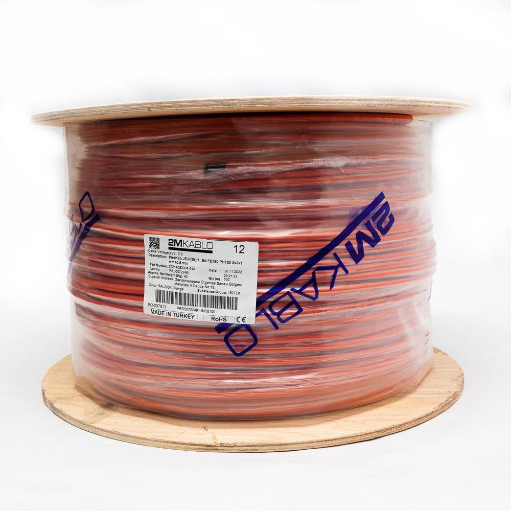 "Cablu incendiu JEH(St)H...Bd FE180 PH120 2x2x1 mm+0.8 mm ,  rezistenta la foc 120 minute, compatibilitate E30/E90 producator 2M Kablo, 3T21A083004-04A-500Diametru fir: 1mmConductor: perechi torsadate cu protectie din fibra de sticla, cupru 100%Culori fire: conform -VDE0815Manta: Halogen free