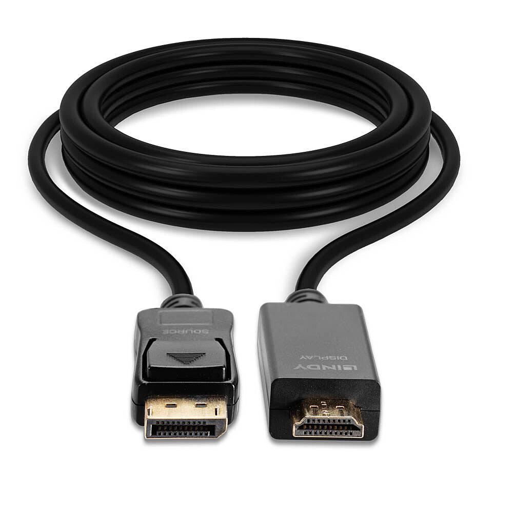 Cablu Lindy 1m DisplayPort la HDMI 4K30Hz, rezolutie maxima  3840x2160@ 30Hz 4:4:4 8bit, latime de banda suportata 10.2Gbps