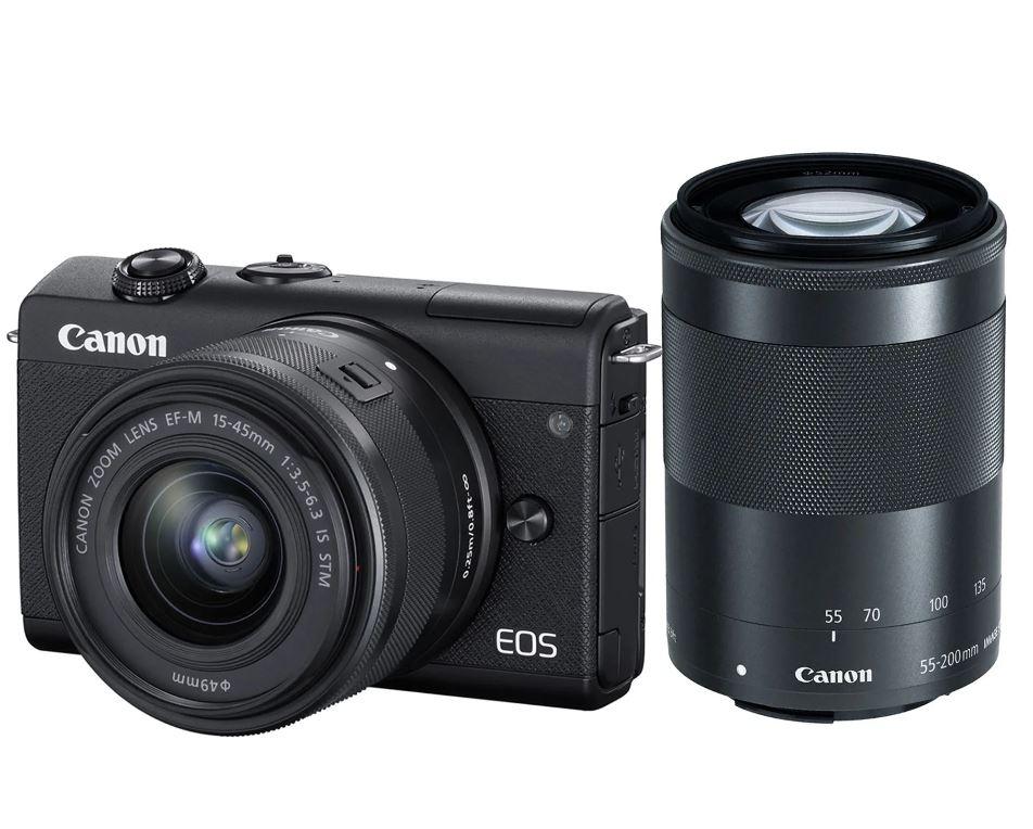 Camera foto mirrorless Canon EOS M200 dublu kit EF-M 15-45mm f/3.5-6.3 IS STM + EF-M 55-200mm F4.5-6.3 IS STM Negru, senzor APS-C 24.1 MP, crop factor 1.6x, procesor DIGIC 8, touchscreen 3" LCD rabatabil, WiFi,micro USB, Bluetooth,ISO 100-25600, filmare 4K - 3840 x 2160 (23.98, 25 fps), Full HD -