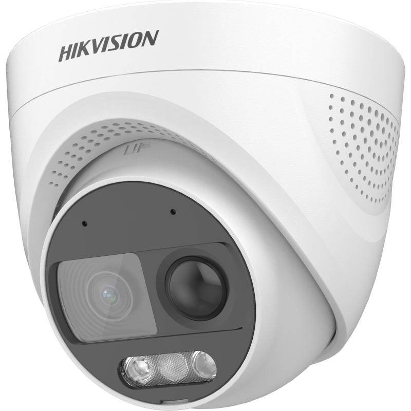 Camera de supraveghere Turret 2MP Hikvision DS-2CE72DF3T-PIRXOS(2.8MM), lentila fixa: 2.8mm, iluminare: 0.0005 Lux @ (F1.0, AGC ON), 0 Lux, lumina alba: 20m, iesire: 1xHD, microfon incorporat, alimentare: 12 VDC ± 25%, max. 9.6 W, protectie: IP67, dimensiuni: Ø 109.82 mm × 93.66 mm, greutate: 396g