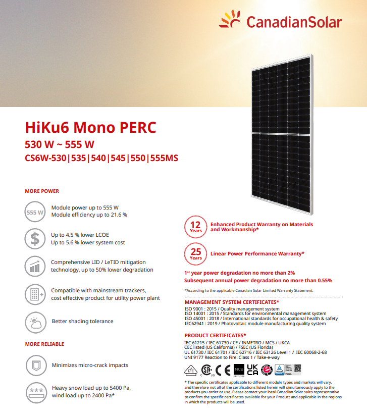 Panou Solar Fotovoltaic Monocristalin HiKu6 Mono PERC CS6W-555MS Silver Frame, max. 1500V, lungime cablu 410mm, conector T6, 555W, 2261x1134x30mm, IP68, 144 celule [2X(12X6)]