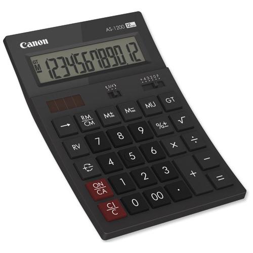 Calculator birou Canon AS1200, 12 digiti, display LCD vertical, inclinat, separator de mii, functie schimbare de semn, oprire automata, sursa de energie: alimentare dubla.