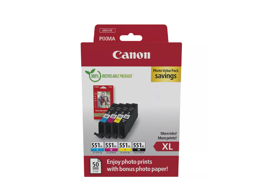 CANON pachet cerneala CLI-551xl Photo value pack, capacitate: black (665 pages, 11ml), cyan (665 pages, 11ml), magenta (665 pages, 11ml), yellow (665 pages, 11ml), Compatibil cu: PIXMA iP7240, PIXMA iP7250, PIXMA iP8750, PIXMA MG5440, PIXMA MG5450, PIXMA MG5550, PIXMA MG5650, PIXMA MG6350, PIXMA