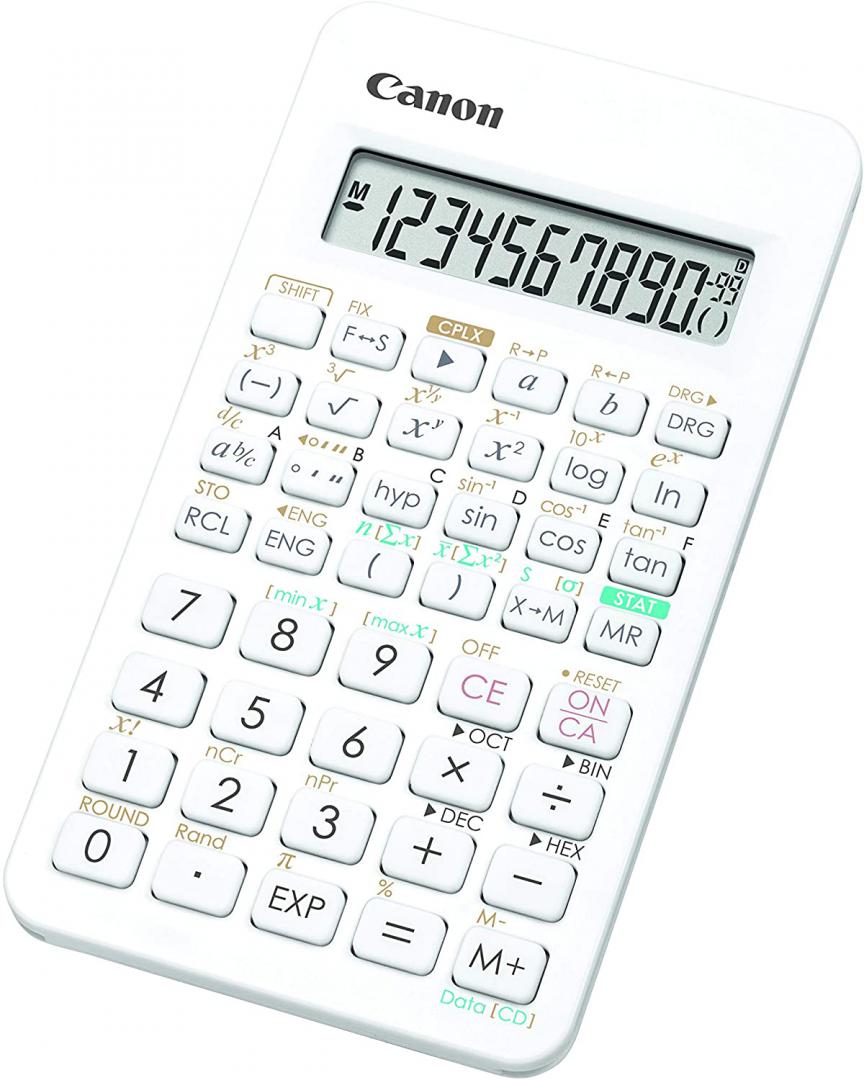 Calculator birou Canon F605GHWB, 10 digiti, display LCD, alimentare solara si baterie, 154 functii, alb.