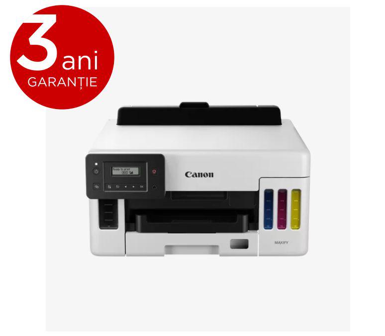 Imprimanta inkjet CISS color Canon Maxify GX5040, dimensiune A4, duplex, viteza 24 ppm alb-negru, 15.5 ppm color, rezolutie 600x1200dpi, alimentare hartie 250+100 coli, format hartie: A4, LTR, A5, B5, interfata: USB, retea, WIFI, consumabile:GI-46BK, GI-46C, GI-46M, GI- 46Y, cartus mentenanta