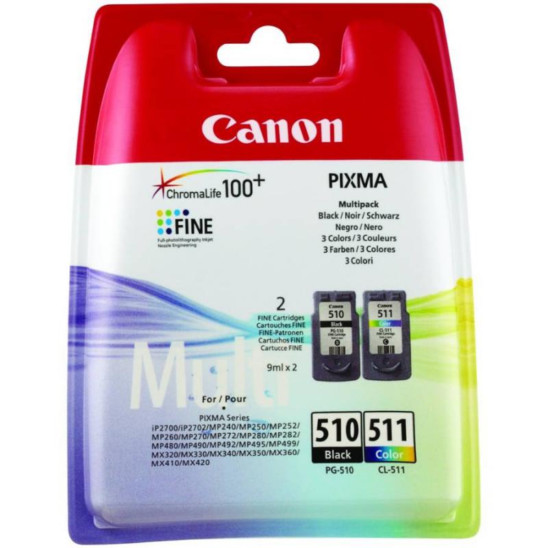 Cartus cerneala Canon PG-510 + Cl-511, multipack (black, color), pentru Canon Pixma IP2700, Pixma MP230, Pixma MP240, Pixma MP250, Pixma MP260, Pixma MP270, Pixma MP280, Pixma MP282, Pixma MP480, Pixma MP490, Pixma MP495, Pixma MX320, Pixma MX330, Pixma MX340, Pixma MX350, Pixma MX360, Pixma MX410