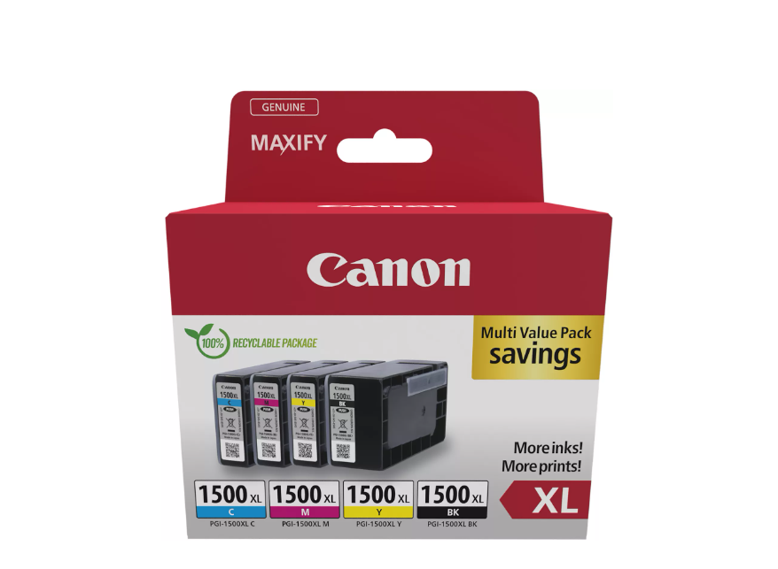 CANON Pachet cartuse cerneala PGI-1500XL multipack, capacitate: black (1020 pages), cyan (1020 pages), magenta (1020 pages), yellow (1020 pages), Compatibilitate: MAXIFY MB2050, MAXIFY MB2150, MAXIFY MB2155, MAXIFY MB2350, MAXIFY MB2750, MAXIFY MB2755