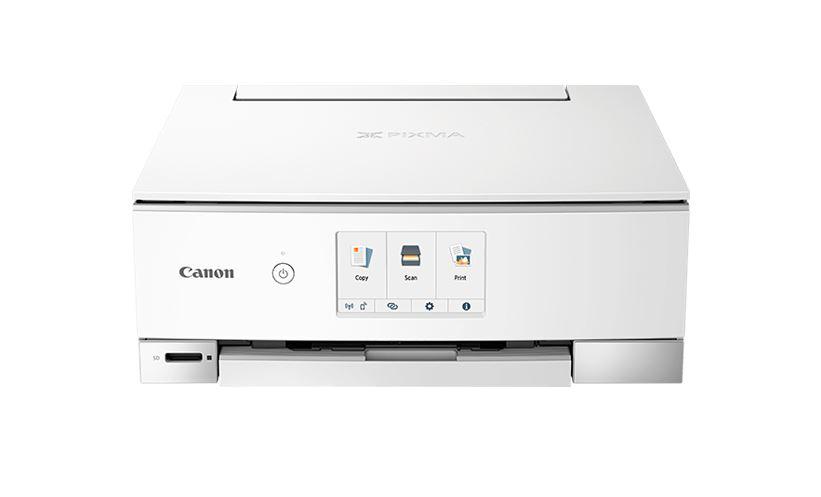 Multifunctional inkjet color Canon Pixma TS8350 White, dimensiune A4 (Printare, Copiere, Scanare), 6 cartuse individuale, Duplex, viteza 15ipm alb-negru, 10ipm color, rezolutie 4800x1200 dpi, alimentare hartie 100 coli, imprimare fara margini, scanner cu suport plat CIS, rezolutie scanare 2400 X