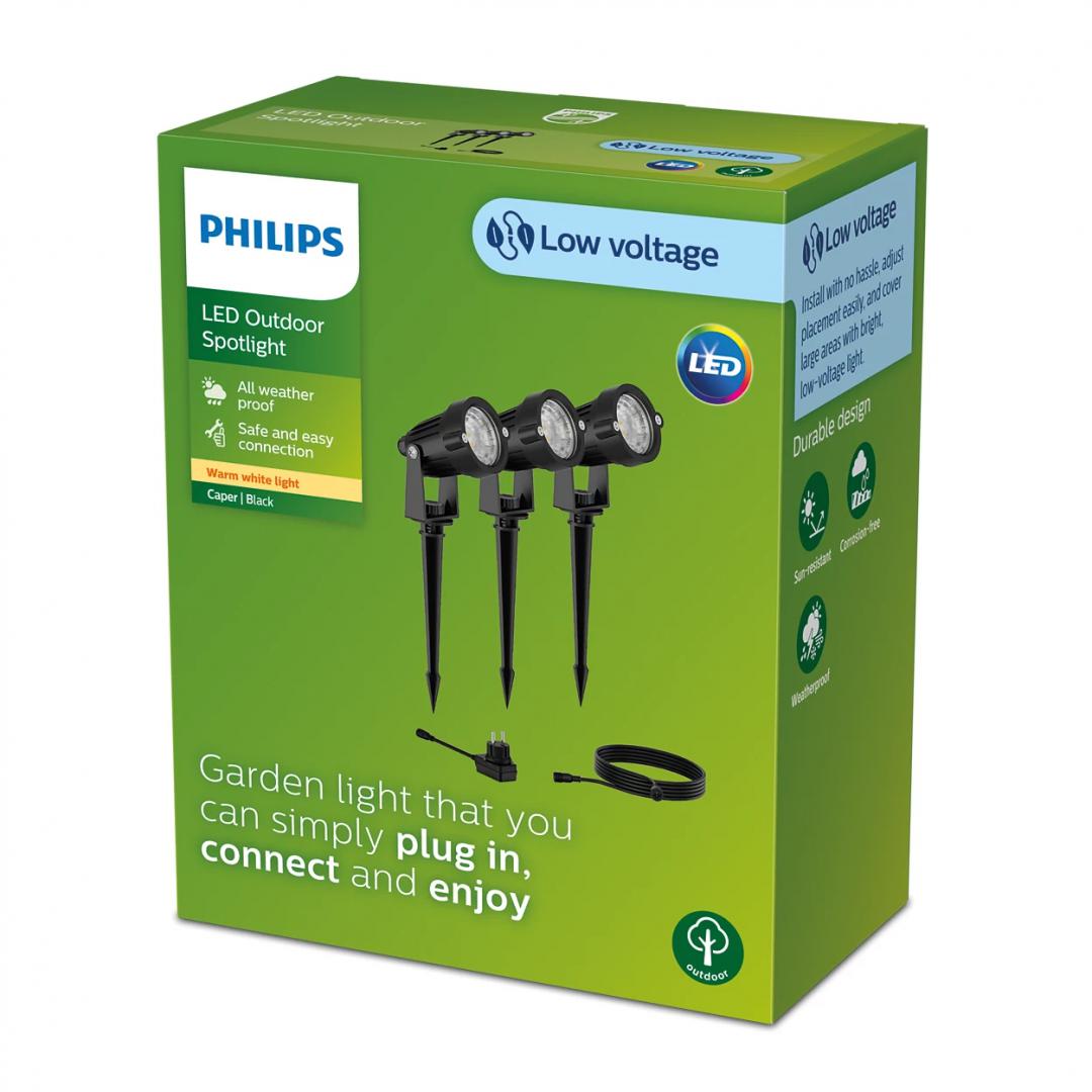 Kit 3 Spoturi LED pentru exterior cu spike Philips CAPER GARDEN LINK, 3x1.5W, 24V, 3x180 lm, lumina calda (2700K), IP44, 270x70x60mm, Negru