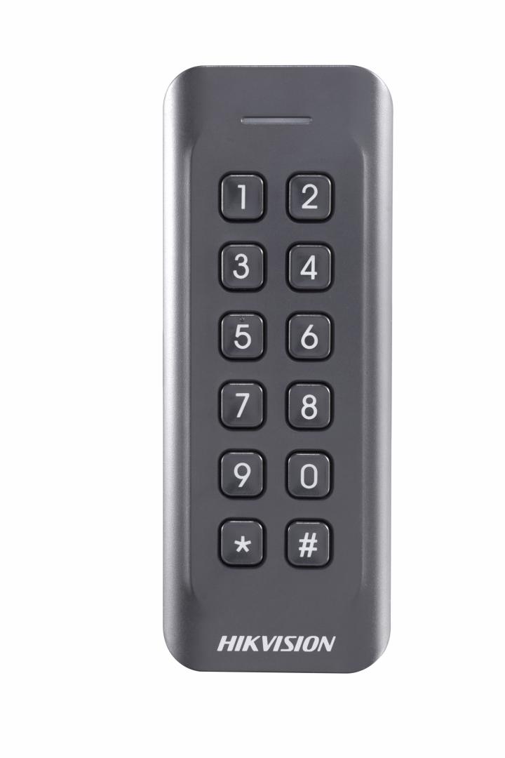 Card reader Hikvision, DS-K1802EK; Reads EM card, with keypad; Card Reading Frequency: 125KHz; Processor: 32-bit; Reading Range: ≤50mm (≤ 1.97"); Supports Wiegand(W27/W35) protocol, Dust-proof, IP 65.