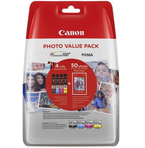 Cartuse cerneala Canon kit CLI551XL,Black, cyan, magenta, yellow + hartie foto 10 X 15 (50 coli).