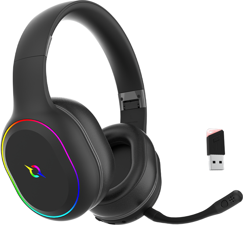 Casti over-ear AQIRYS Lyra, sistem de sunet 3D Stero, Dual wireless si cu fir, BT cu microfon flexibil, interfata USB 2.0, durata baterie pana la 27h, frecventa 20 Hz - 20Hz, cu iluminare RGB, negre